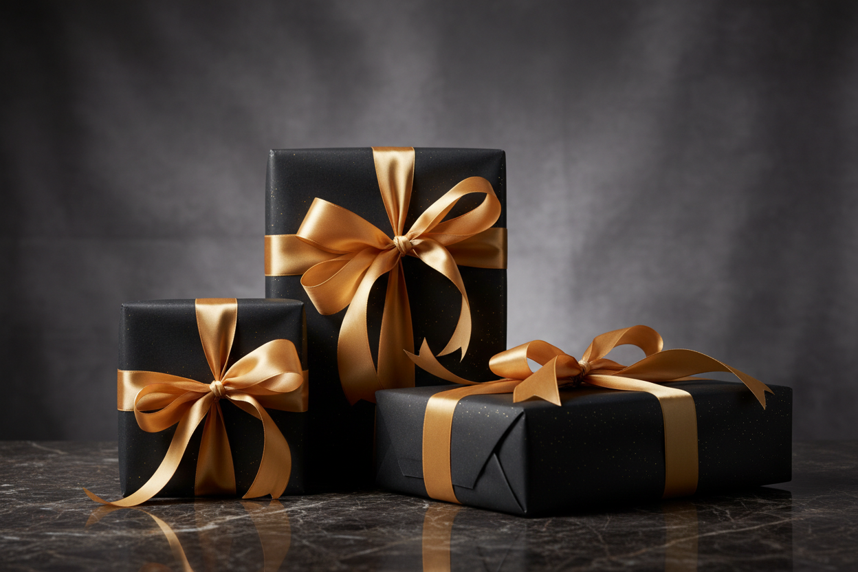 3 gifts with black wrapping paper and gold bow