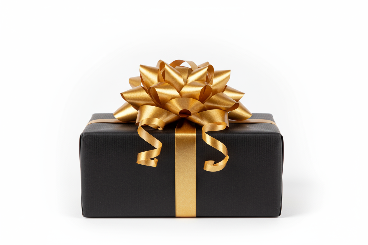 medium sized gift packaged and wrapped black wrapping paper gold bow